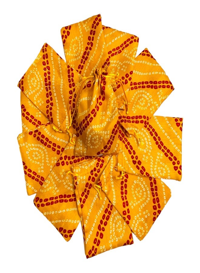 Moira 12pcs 5X7 inch Small Size Bandhej Silk Potli for Gifting, Jewellery Storage, Shagun, Coin Packing (Yellow) - Image 1